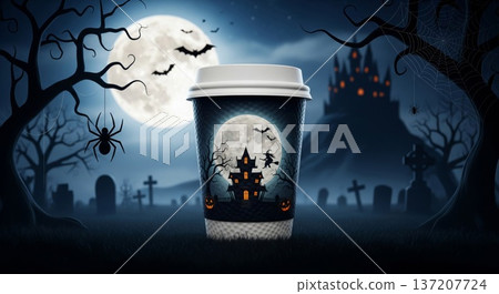 Halloween Themed Coffee Cup with Full Moon and Haunted House Illustration 137207724