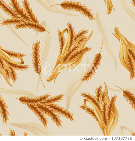 A seamless watercolor pattern with wheat and grains. Perfect for bakeries, cafes, packaging, menus, and farm branding. Hand-drawn in a rustic style, perfect for food and farming themes A seamless watercolor pattern with wheat and grains. Perfect for bakeries, cafes, packaging, menus, and farm branding. Hand-drawn in a rustic style, perfect for food and farming themes 137207758