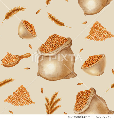 Watercolor seamless pattern with wheat and grains. Bags and bowls of grain, ears of wheat. Perfect for bakeries, packaging, and farm brands. Hand-drawn rustic design for food and agriculture. 137207759