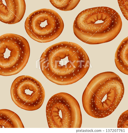 Donut. Watercolor seamless pattern with hand-drawn bagels. Perfect for bakeries, cafes, menu design, store packaging and branding, cookbooks, recipes, and textiles. Donut. Watercolor seamless pattern with hand-drawn bagels. Perfect for bakeries, cafes, menu design, store packaging and branding, cookbooks, recipes, and textiles. 137207761