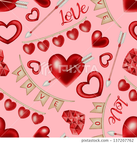 Watercolor seamless pattern with red hearts, arrows and love banners. Ideal for Valentine's Day, romantic cards, packaging, wrapping paper, party decor, cafes, shops and festive menus. Watercolor seamless pattern with red hearts, arrows and love banners. Ideal for Valentine's Day, romantic cards, packaging, wrapping paper, party decor, cafes, shops and festive menus. 137207762