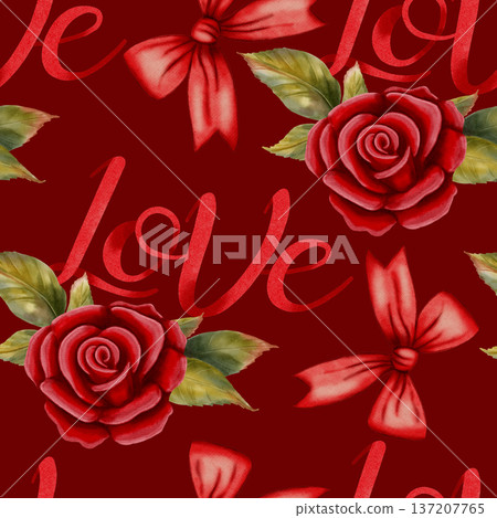 Charming watercolor seamless pattern with roses, silk bows, and Love lettering. Ideal for Valentine's Day, romantic cards, packaging, wrapping paper, party decor, cafes, shops and festive menus Charming watercolor seamless pattern with roses, silk bows, and Love lettering. Ideal for Valentine's Day, romantic cards, packaging, wrapping paper, party decor, cafes, shops and festive menus 137207765