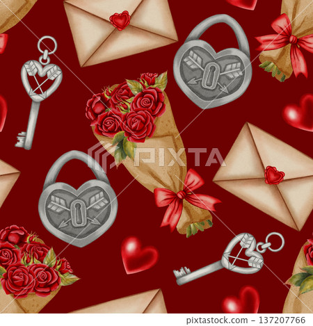 Watercolor seamless pattern with rose bouquets, love letters, and heart-shaped locks. Ideal for Valentine's Day, romantic cards, packaging, wrapping paper, party decor, cafes, shops and festive menu 137207766
