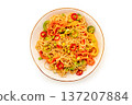 Hakka noodles with vegetables, peppers and green onions, overhead shot 137207884