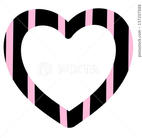 Illustration of heart frame with pink and black stripe pattern for polaroid photo, Valentine's Day, card, banner, ad template, love sign, heart symbol, pin, patch, brooch, print, sticky note, memo 137207888