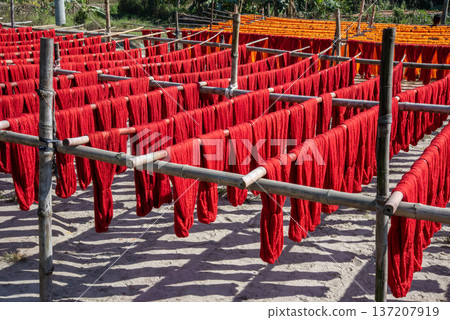 Red Dyed Yarns Hanging on Bamboo Frames for Drying Outdoors Red Dyed Yarns Hanging on Bamboo Frames for Drying Outdoors 137207919