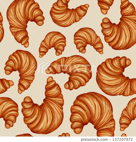 Watercolor seamless pattern with hand-drawn croissants. Perfect for bakeries, cafes, packaging, branding, menu design, cookbooks, and recipes. Dessert. Baked goods. Watercolor seamless pattern with hand-drawn croissants. Perfect for bakeries, cafes, packaging, branding, menu design, cookbooks, and recipes. Dessert. Baked goods. 137207972