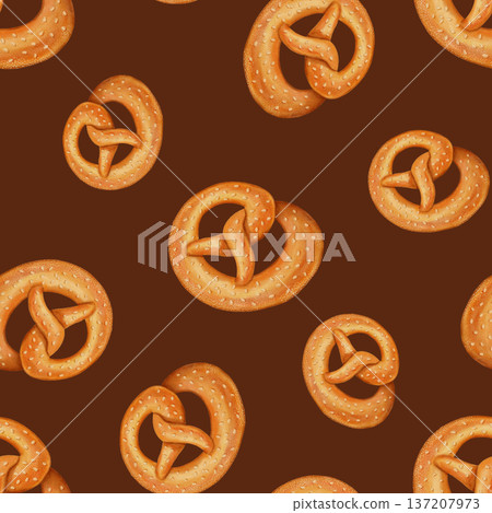 Watercolor seamless pattern featuring hand-drawn pretzels. Perfect for bakeries, cafes, packaging design, store menus and branding, textiles, cookbooks, and recipes. 137207973