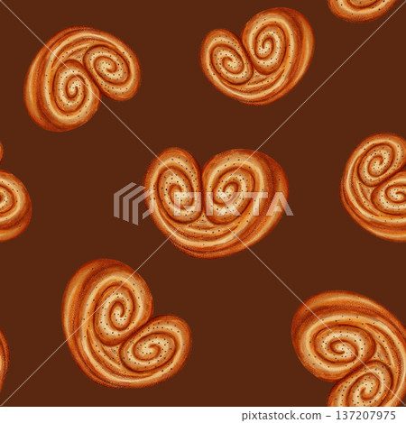 Watercolor seamless pattern with a variety of baked goods. Perfect for bakeries, coffee shops, packaging, branding, menu and design, cookbooks, and recipes. Hand-drawn bakery background. 137207975