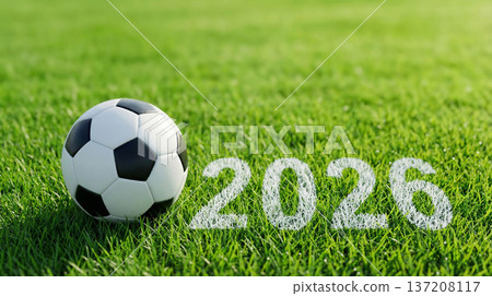 Soccer Ball on Grass Field 2026 Concept. 137208117