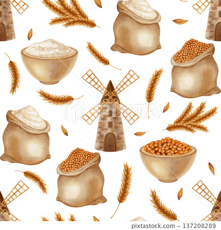 A seamless watercolor pattern featuring a mill, sacks of flour, grain, and wheat. Agriculture. Harvest. Food. Perfect for bakeries, cafes, menus, packaging, and farm branding. 137208289