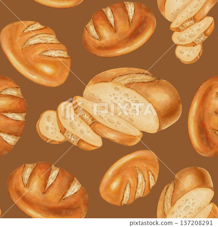 Seamless watercolor bread pattern with wheat and grains. White wheat bread. Perfect for bakeries, cafes, packaging, menus, food branding, and packaging. Hand-drawn illustration of baked goods. 137208291