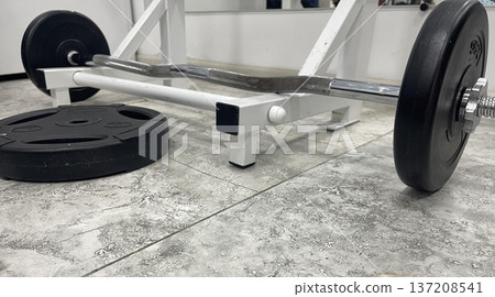 a barbell and a weight plate in a gym 137208541