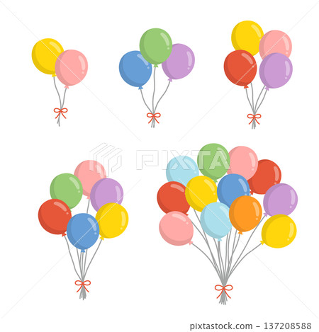 彩色氣球花束套裝，搭配緞帶向量圖 137208588
