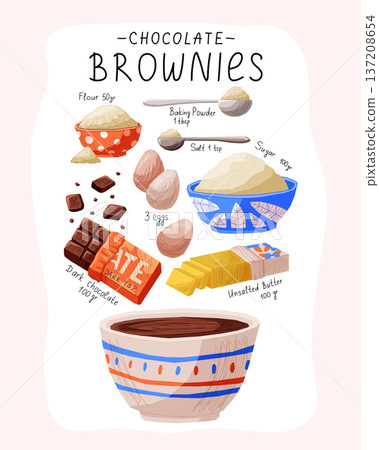 Chocolate brownies recipe vector illustration with ingredients: dark chocolate, eggs, flour, sugar, butter and baking powder. Sweet dessert flat design for menu or cookbook. 137208654