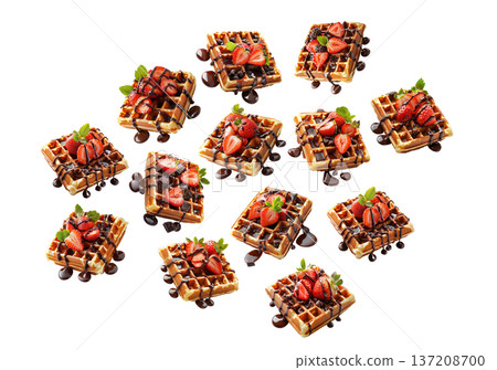 Sweet waffles with strawberries and chocolate isolated on white background, concept of tasty breakfast pattern 137208700