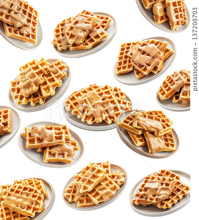 Multiple plates of golden waffles with creamy topping isolated on white background, concept of delicious breakfast food Multiple plates of golden waffles with creamy topping isolated on white background, concept of delicious breakfast food 137208703