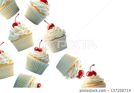 Multiple vanilla cupcakes topped with whipped cream and cherry scattered and on white background, sweet dessert concept Multiple vanilla cupcakes topped with whipped cream and cherry scattered and on white background, sweet dessert concept 137208714