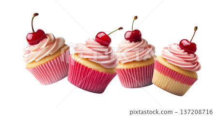Multiple pink frosted cupcakes with cherries scattered and isolated on a white background, concept of dessert or pastry pattern Multiple pink frosted cupcakes with cherries scattered and isolated on a white background, concept of dessert or pastry pattern 137208716