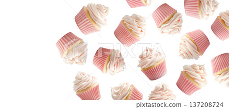 Multiple pink frosted cupcakes with swirl icing scattered in a seamless layout, isolated on white background 137208724