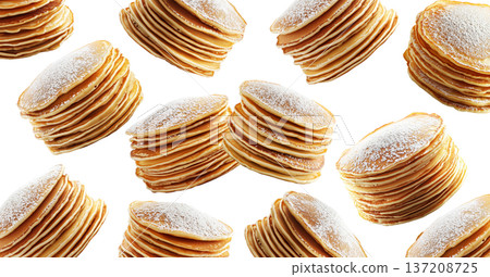 Multiple stacks of golden pancakes topped with powdered sugar, on a white background, showing a breakfast or food texture concept Multiple stacks of golden pancakes topped with powdered sugar, on a white background, showing a breakfast or food texture concept 137208725