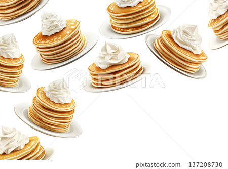 Repeating pattern of golden pancakes topped with whipped cream on plates, isolated over a white background, concept of breakfast Repeating pattern of golden pancakes topped with whipped cream on plates, isolated over a white background, concept of breakfast 137208730