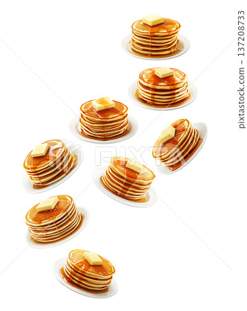 Multiple stacks of fluffy pancakes topped with butter and syrup, isolated on white background. Concept of sweet breakfast treat 137208733