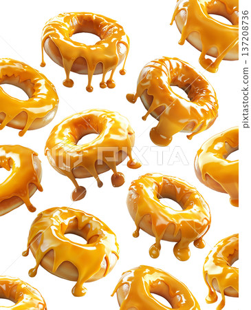 Multiple caramel glazed donuts with shiny topping arranged in seamless pattern and isolated on white background Multiple caramel glazed donuts with shiny topping arranged in seamless pattern and isolated on white background 137208736