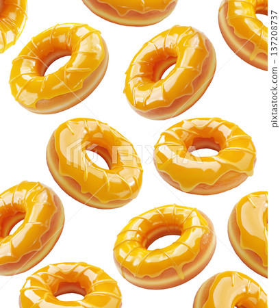 Five shiny glazed donuts floating isolated on white background, concept of sweet food and dessert temptation 137208737