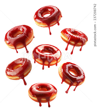 Glossy red glazed donuts with syrup dripping, isolated on white background. Concept of sweet dessert and indulgence Glossy red glazed donuts with syrup dripping, isolated on white background. Concept of sweet dessert and indulgence 137208742