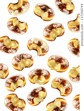 Delicious cream filled donuts with chocolate and vanilla glaze, isolated on white background, concept of sweet dessert indulgence Delicious cream filled donuts with chocolate and vanilla glaze, isolated on white background, concept of sweet dessert indulgence 137208744