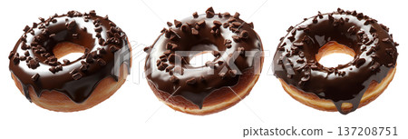 Tasty chocolate glazed donut with crunchy sprinkles isolated on white background. Tasty chocolate glazed donut with crunchy sprinkles isolated on white background. 137208751