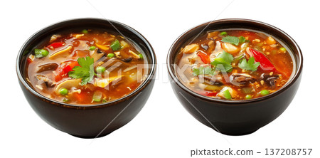 Hot and sour soup with chicken, mushrooms, bell peppers, fresh herbs in white bowl, isolated on white background 137208757