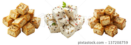 Cubes of seasoned tofu with visible herbs and spices, arranged in stack isolated on white transparent background Cubes of seasoned tofu with visible herbs and spices, arranged in stack isolated on white transparent background 137208759