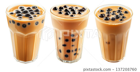 Creamy bubble milk tea with tapioca pearls in glass cup, isolated on white transparent background 137208760