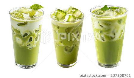 Iced matcha green tea latte with ice cubes in tall glass, isolated on white background, concept of summer beverage Iced matcha green tea latte with ice cubes in tall glass, isolated on white background, concept of summer beverage 137208761