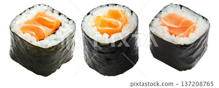 Sushi roll Maki with salmon, avocado, cucumber and rice wrapped in seaweed, isolated on white transparent background 137208765