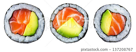 Sushi roll Maki with salmon, avocado, cucumber and rice wrapped in seaweed, isolated on white transparent background 137208767