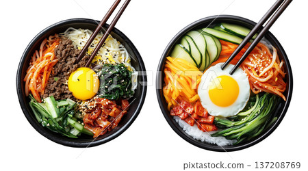 Korean bibimbap dish with fresh vegetables, fried egg, and gochujang sauce in black bowl isolated on white background Korean bibimbap dish with fresh vegetables, fried egg, and gochujang sauce in black bowl isolated on white background 137208769