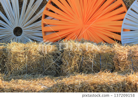 Orange and white ribbon decorations in a fan shape over a rustic hay background on a sunny day. 137209158