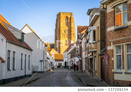 比利時白色村莊利塞韋格的街景和教堂塔樓 137209234