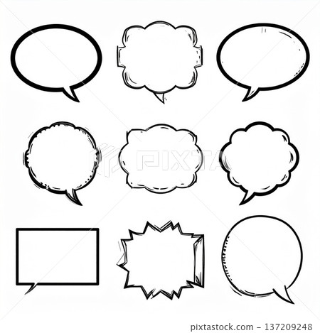 Simple speech bubble icon set (black and white, line drawing, assortment, frame, comment frame, white background) 137209248