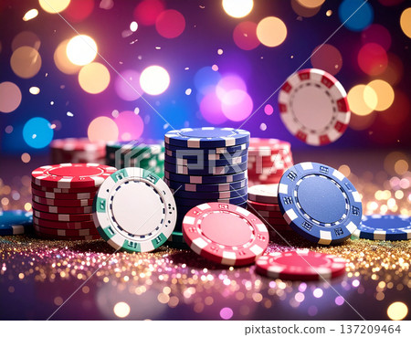 閃閃發光的寶石般籌碼和琳瑯滿目的撲克牌 137209464