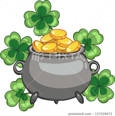 Pot of gold coins and shamrock clover leaf. Saint Patricks Day illustration 137209472