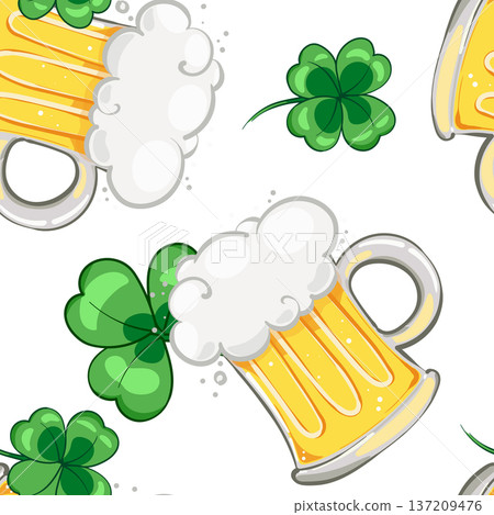 Seamless pattern with beer mugs and clover leaves, for st. patrick's day. St. Patrick's day gift wrapping seamless 137209476