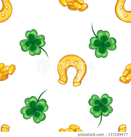 Seamless pattern with clover leaves, golden horseshoe, for st. patrick's day 137209477