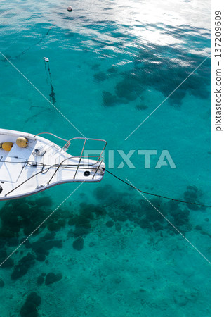 Moored boats and coral reefs in the clear waters of Okinawa | Tropical seascape 137209609