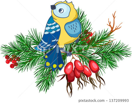 christmas composition with Great tit bird, hawthorn berries, fir branches 137209993