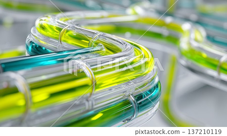 Abstract 3D close-up of glass tubes with cyan and lime flowing 137210119
