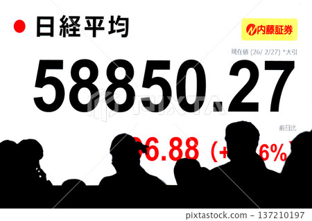 日本東京都會景觀：股價/收盤價創下58,850日圓27仙的新高。連續三天刷新紀錄 = 2月27日 137210197